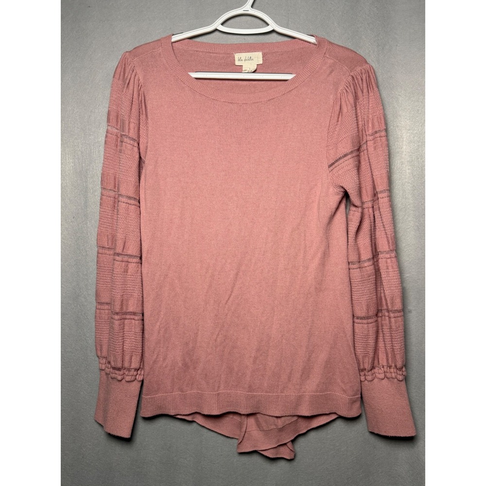 Blu Dahlia Women Rose Pink Puff Sleeve Knit Sweater Tulip Back Size Large